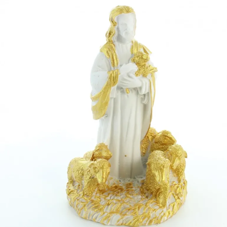 Palais du Rosaire Statue de Jésus Berger blanche et dorée de 10cm^ Jésus Miséricordieux