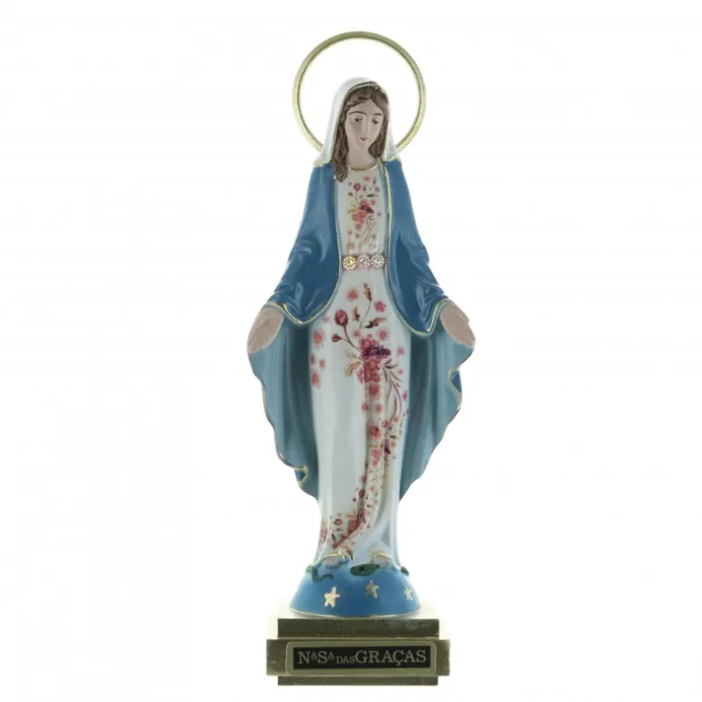 Palais du Rosaire Statue de la Vierge Miraculeuse en résine robe fleurie et manteau bleu 16cm^ Statue Vierge Miraculeuse