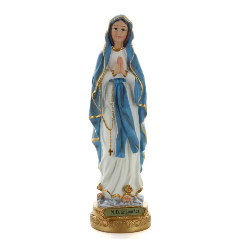 Palais du Rosaire Statue de Notre Dame de Lourdes vêtue d'un manteau bleu 23cm^ Statue De Notre Dame De Lourdes