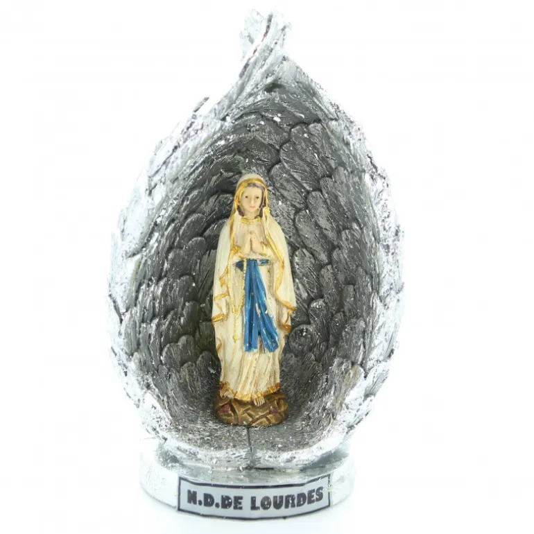 Palais du Rosaire Statue de Notre Dame de Lourdes entourée d'ailes argentées en résine pailletée 12cm^ Statue De Notre Dame De Lourdes