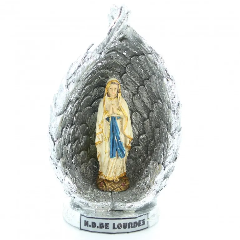 Palais du Rosaire Statue de Notre Dame de Lourdes entourée d'ailes argentées en résine pailletée 12cm^ Statue De Notre Dame De Lourdes