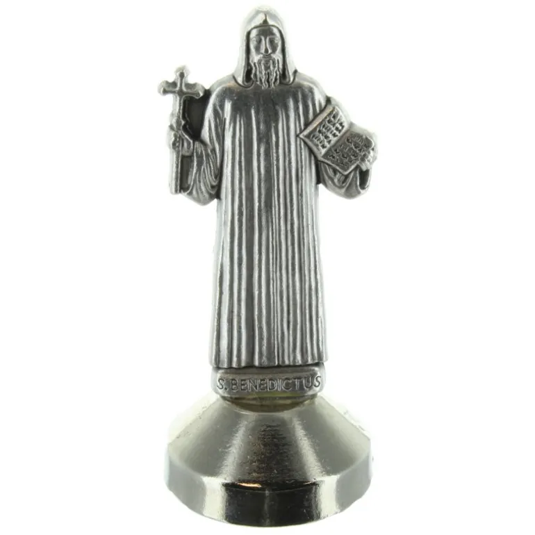 Palais du Rosaire Statue de Saint Benoît en métal avec un socle aimanté 5cm^ Statue De Saint Benoît