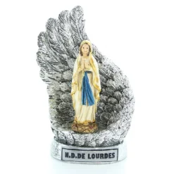 Palais du Rosaire Statue Notre Dame de Lourdes entourée d'ailes argentées en résine pailletée 10cm^ Statue De Notre Dame De Lourdes