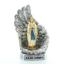 Palais du Rosaire Statue Notre Dame de Lourdes entourée d'ailes argentées en résine pailletée 10cm^ Statue De Notre Dame De Lourdes