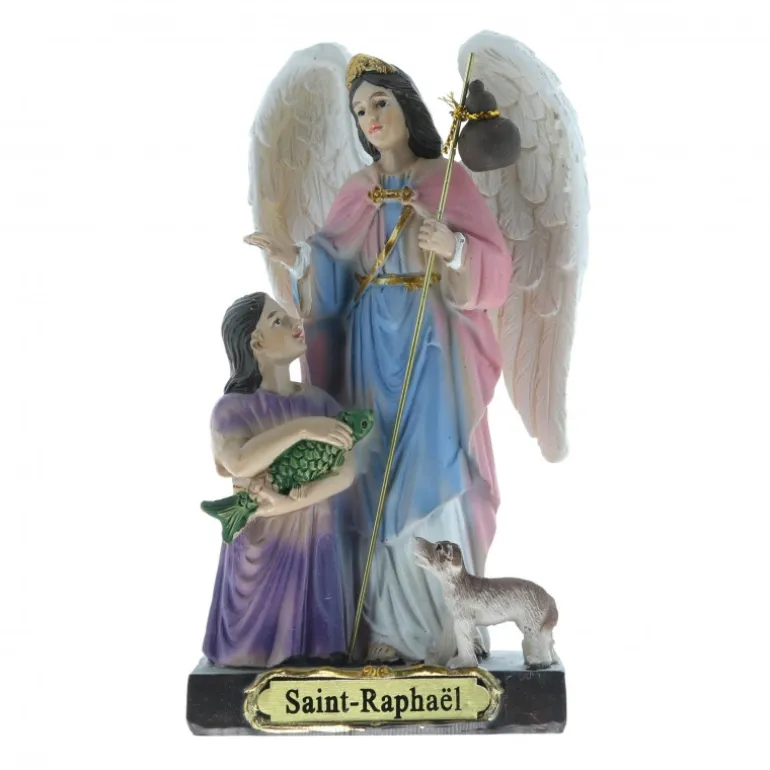 Palais du Rosaire Statue peinte à la main de Saint Raphaël avec Tobie 20 cm^ Autres Statues De Saints | Statue Ange