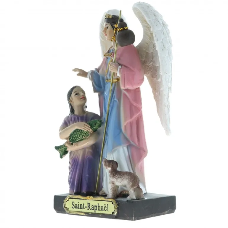 Palais du Rosaire Statue peinte à la main de Saint Raphaël avec Tobie 20 cm^ Autres Statues De Saints | Statue Ange