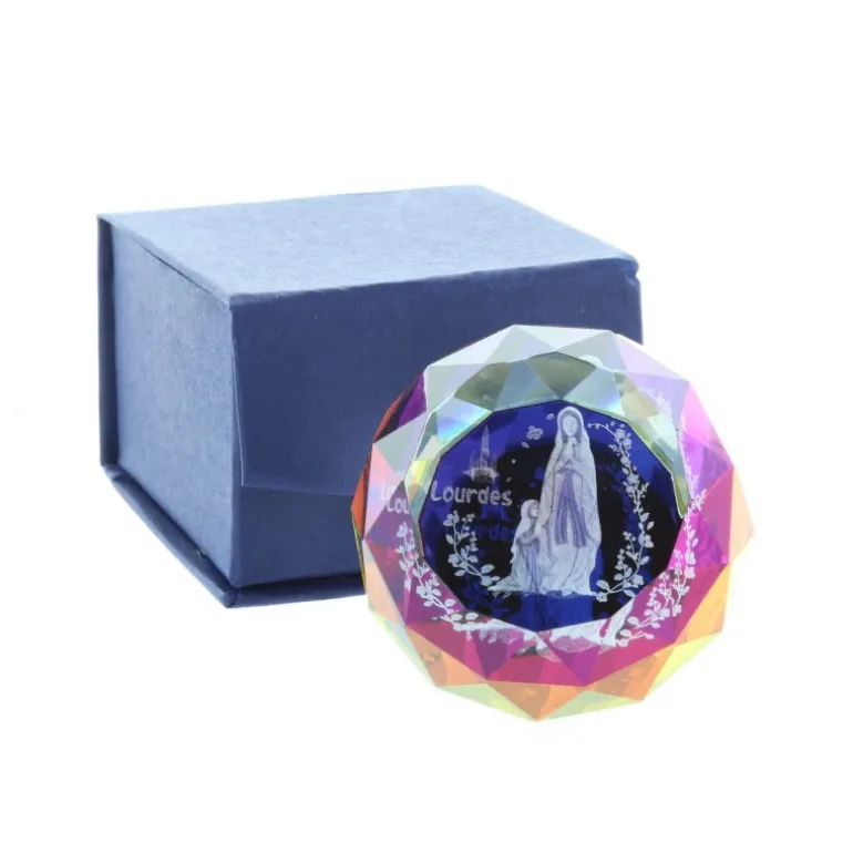 Palais du Rosaire Verre gravé laser 3D reflets colorés et Apparition de Lourdes 4,5 cm^ Verre Gravé