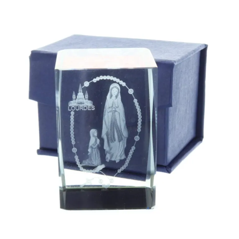 Palais du Rosaire Verre gravé laser 3D reflets colorés, Apparition de Lourdes et chapelet 6 cm^ Verre Gravé