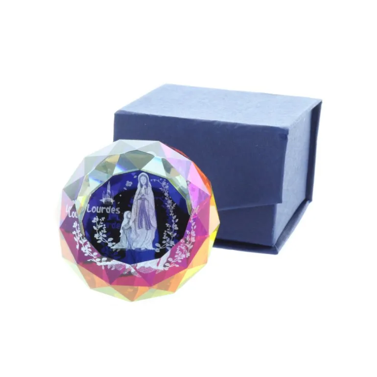 Palais du Rosaire Verre gravé laser 3D reflets colorés et Apparition de Lourdes 4,5 cm^ Verre Gravé